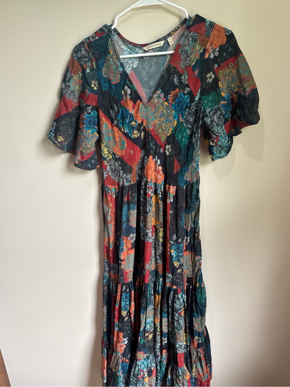 Soft Surroundings Floral Tiered Maxi Dress Boho Short Sleeve Petite Small